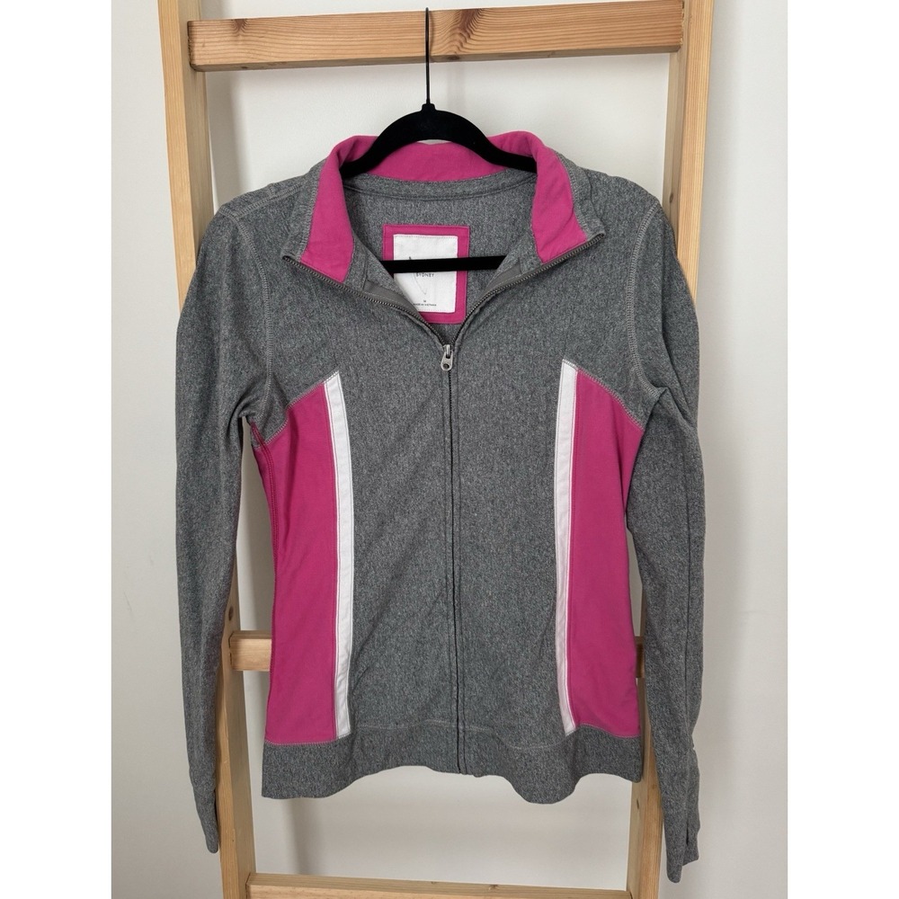 GILLY HICKS Sydney Med Gray Pink White Full Zip Activewear Jacket Logo on Cuff